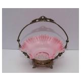 Fenton Art Glass Pink Ruffled Bride’s Basket with Stand