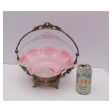 Fenton Art Glass Pink Ruffled Bride’s Basket with Stand