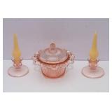 Pink Depression Glass Set – Old Colony Lace Edge Candy Dish & Candlestick Holders