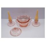 Pink Depression Glass Set – Old Colony Lace Edge Candy Dish & Candlestick Holders