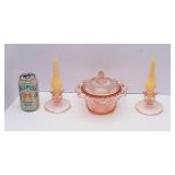 Pink Depression Glass Set – Old Colony Lace Edge Candy Dish & Candlestick Holders