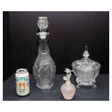 Assorted Decorative Glass Set – Decanter, Lidded Candy Dish & Perfume Bottle
