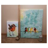 Two Pieces of Bird Artwork and Adorable Bird Figurine
