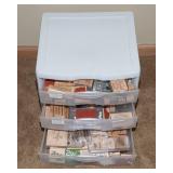 Collection of Rubber Ink Stamps and Storage Container - Friends, Thinking of You, Sympathy, Get Well, Trees, and Leaves