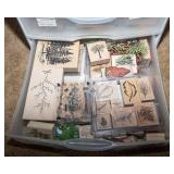 Collection of Rubber Ink Stamps and Storage Container - Friends, Thinking of You, Sympathy, Get Well, Trees, and Leaves