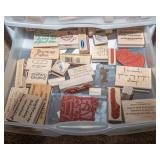 Collection of Rubber Ink Stamps and Storage Container - Friends, Thinking of You, Sympathy, Get Well, Trees, and Leaves