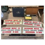 Dickinson Music Co. Advertising, window magnet signs, VINTAGE cabinet repair kit & other music equipment