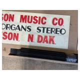 Dickinson Music Co. Advertising, window magnet signs, VINTAGE cabinet repair kit & other music equipment
