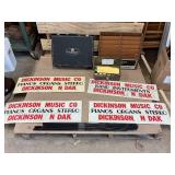 Dickinson Music Co. Advertising, window magnet signs, VINTAGE cabinet repair kit & other music equipment