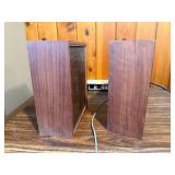 Vintage loudspeakers, likely Jensen 3-P 1 slim shelf models based on their distinctive wooden frames and mesh grill pattern  LIKELY