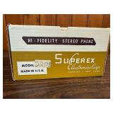 This box contains vintage Superex Hi-Fidelity Stereo Audio Headphones, specifically the Model ST-S