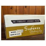 This box contains vintage Superex Hi-Fidelity Stereo Audio Headphones, specifically the Model ST-S