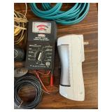 Electronics variety lot. Personal air sanitizer , battery tester , heavy speaker cable and more