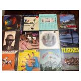 vintage international/world music LPs featuring a diverse mix of cultural recordings from India, China, Turkey, Brazil, and global folk tradition
