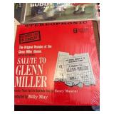 Vintage big band and jazz LP collection featuring well-known artists including Glenn Miller, Jimmy Dorsey, Buddy Morrow, and Tommy Dorsey, along with multiple “Big Band Hits of the 30s”