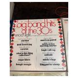 Vintage big band and jazz LP collection featuring well-known artists including Glenn Miller, Jimmy Dorsey, Buddy Morrow, and Tommy Dorsey, along with multiple “Big Band Hits of the 30s”