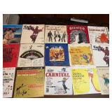 Vintage  LP collection featuring classic titles such as Fiddler on the Roof, Camelot, Oklahoma!, The Unsinkable Molly Brown, Flower Drum Song, Godspell, and Hans Christian Andersen, along with origina