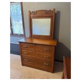 Antique Oak Wood 3 Drawer Dresser With Large Mirror