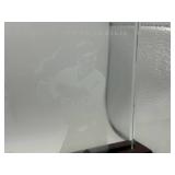 2003 Playoff Absolute Memorabilia Torii Hunter Glass Display With a Piece of his Game-Worn Jersey Authenticated and Serial #'d 074/150, the Glass Display Has a White Etching of Torii Hunter