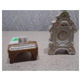Vintage Miniature Porcelain Piano and Ornate Mantel Clock Set