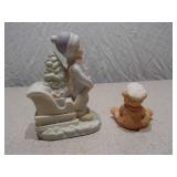 Set of 2 Vintage Themed Figurines - Boy with Christmas Sleigh & Teddy Bear with Train
