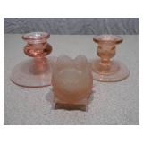 3-Piece Pink Satin & Depression Glass Set - Candlestick Holders & Votive Cup