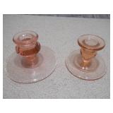 3-Piece Pink Satin & Depression Glass Set - Candlestick Holders & Votive Cup