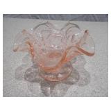 Vintage Pink Depression Glass Ruffled Pedestal Bowl - Etched Floral Pattern