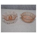 Set of 2 Pink Depression Glass Pieces - Ruffled Candle Holder & Ribbed Serving Bowl