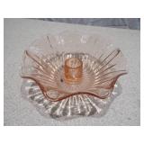 Set of 2 Pink Depression Glass Pieces - Ruffled Candle Holder & Ribbed Serving Bowl