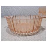 Set of 2 Pink Depression Glass Pieces - Ruffled Candle Holder & Ribbed Serving Bowl