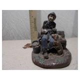 Vintage Cast Iron Painted Figurine - Man and Dog on Bench