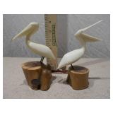Pair of Vintage Hand-Carved Wooden Pelican Figurines