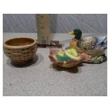 Vintage Ceramic Duck Figurine and Miniature Woven Basket Set