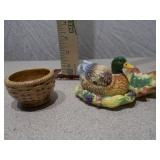 Vintage Ceramic Duck Figurine and Miniature Woven Basket Set