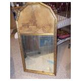 Vintage Gold Gilt Trumeau Mirror with Scenic Lithograph Topper