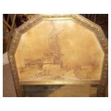 Vintage Gold Gilt Trumeau Mirror with Scenic Lithograph Topper