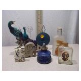 Vintage Collectible Lot: Portrait Liquor Bottle, Glassware & Peacock Decor