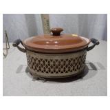 Vintage Ceramic Covered Casserole with Metal Carrier