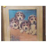 Lot of 2 Vintage Framed Prints - Beagle Puppies & Winter Birch Landscape