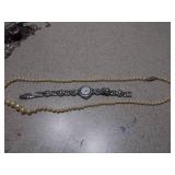 Vintage Jewelry Lot - Cameo Bracelet, Faux Pearls, & Silver-Tone Watch