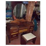 Antique Art Deco Vanity with Round Mirror and Matching Stool
