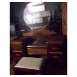 Antique Art Deco Vanity with Round Mirror and Matching Stool