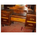 Antique Art Deco Vanity with Round Mirror and Matching Stool
