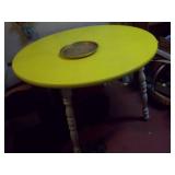Vintage Yellow Oval Accent Table with Inset Lazy Susan Tray