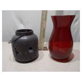 Ruby Red Glass Vase and Star-Patterned Metal Lantern Set