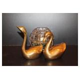 Brass Swan Figurines & Crystal Candle Holder