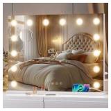 Vosuja 32 in. W x 24 in. H Rectangle White Frame LED Makeup Mirror, LED Mirror with 14 Dimmable LED Lights, 10X Magnification