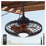HINNIXY 20 in. Outdoor Walnut Waterproof Caged Ceiling Fan Rope Hook Portable Hanging Ceiling Fan with Light and Remote