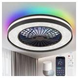 lot of 2-20 in. Smart Indoor Black Enclosed Flush Mount Ceiling Fan with RGB LED, Dimable, Voice/App/Remote Control